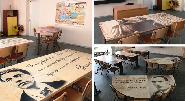 Деца учат върху чинове с ликовете на велики българи